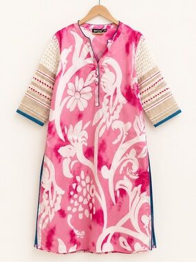 Satya Pink Floral Viscose Indian Tunic Dress Embroidered Sleeves XL